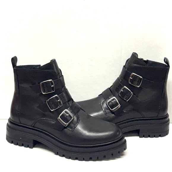 MIZ MOOZ LEATHER BUCKLE ANKLE BOOTS SIDE ZIP BLACK 37EU / 7US # Z-15 - Picture 1 of 4